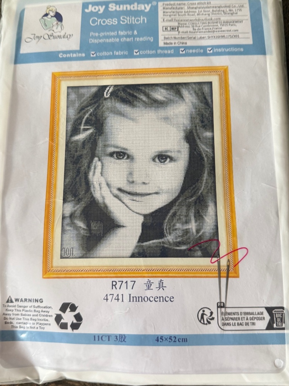 Young Girl Black & White Pre-Printed Joy Sunday Cross Stitch Kit 11ct Aid - NEW